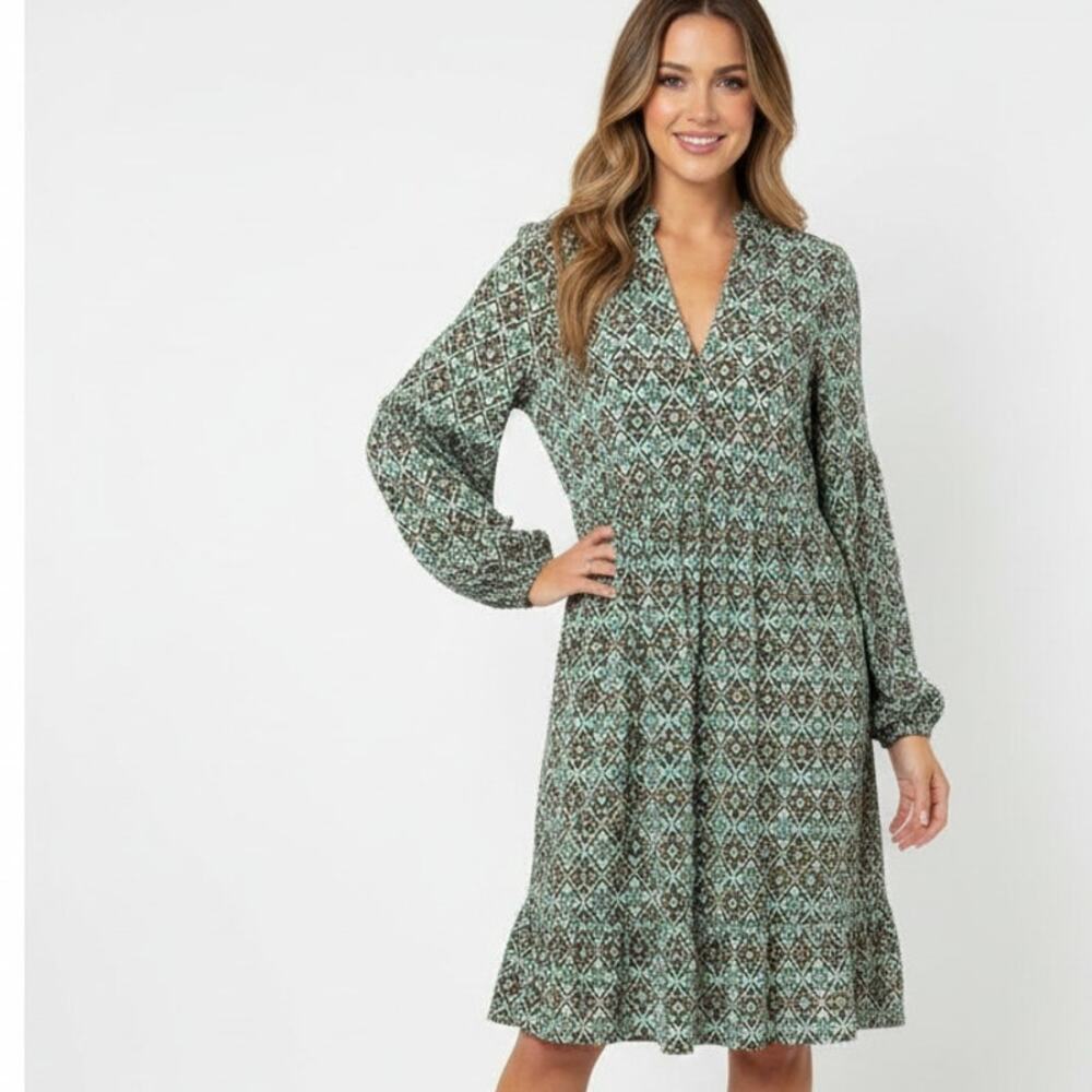 Suzanne Betro NEW Tiered Dress Womens Sz Large Teal Navy Medallion Babydoll NWT